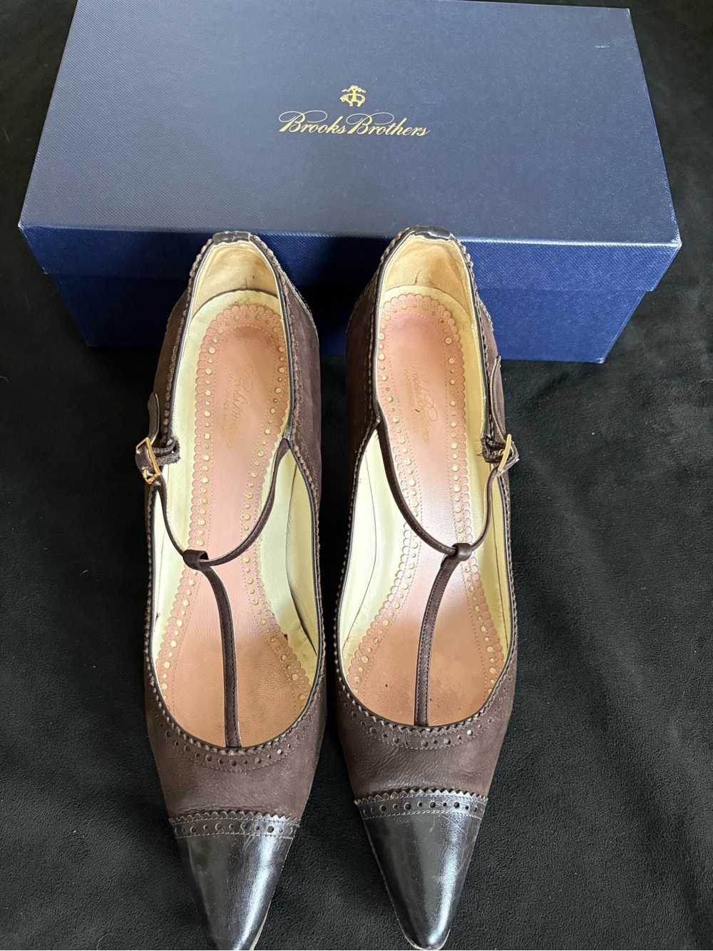 Brooks Brothers Brown Leather & Suede T-Strap Pointed Heels